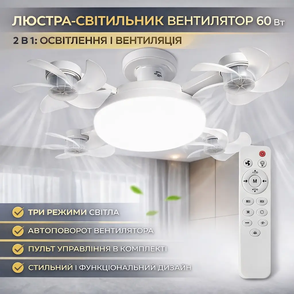 Світлодіодна стельова люстра-вентилятор AY1053/LED лампа з вентилятором у патрон/Стельовий світильник-вентилятор 60W