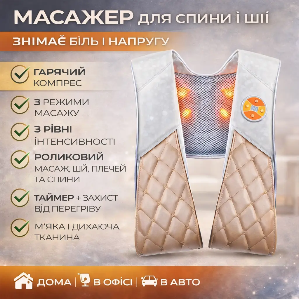 Масажер для шиї, плечей і спини електричний із підігрівом/Вібромасажер, масажна подушка-накидка