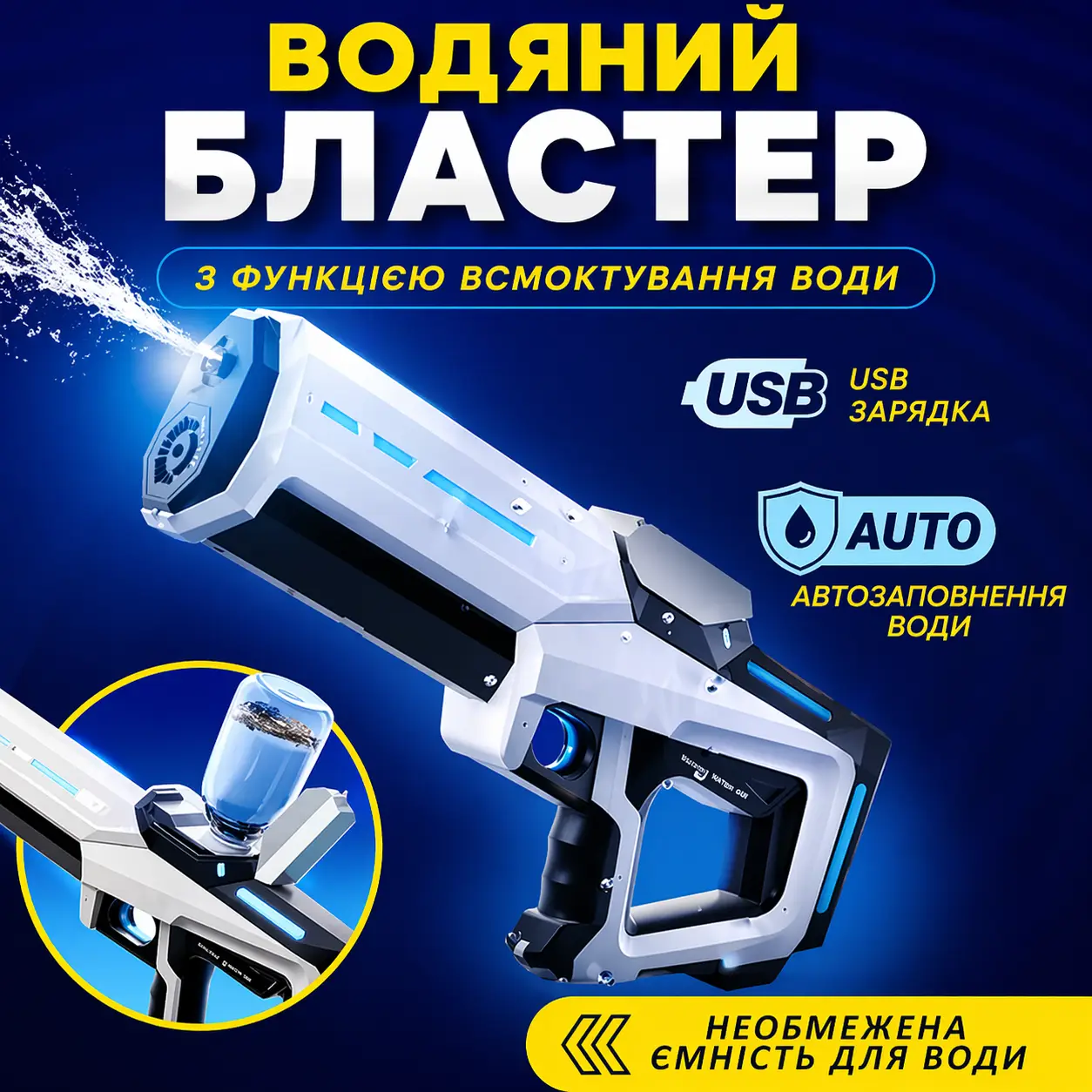 Водяний бластер з акумулятором і функцією всмоктування води, електричний водяний пістолет для дітей і дорослих, автоматичний