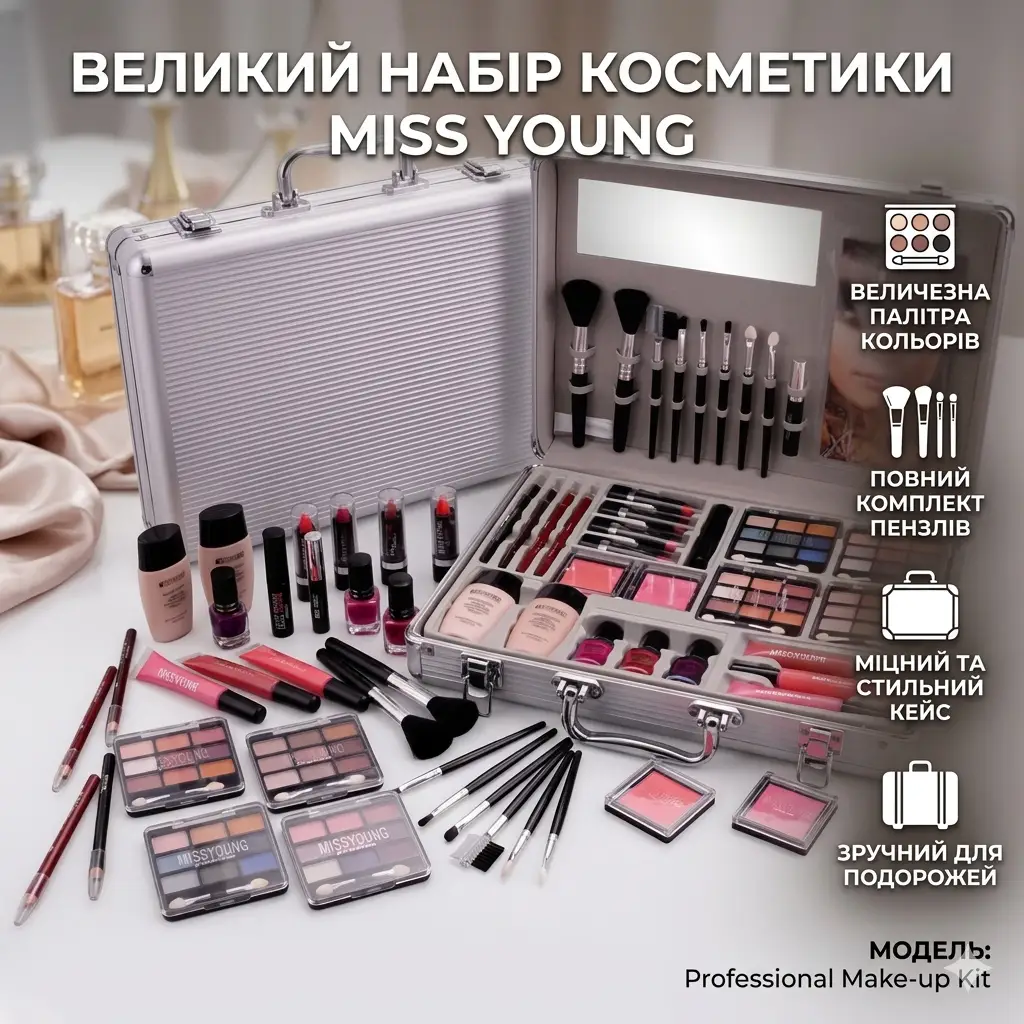 Професійний набір для макіяжу в сріблястому кейсі, 68 предметів/ Косметичний комплект
