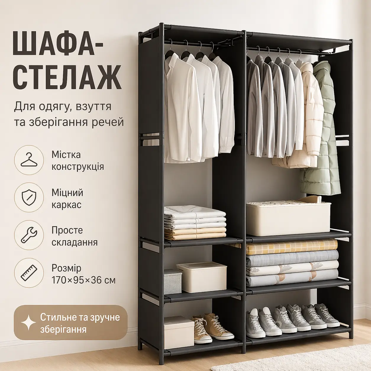 Шафа-стелаж для взуття з полицями 170 см/відкрита гардеробна/Фінширинна шафа/ Стелаж для одягу