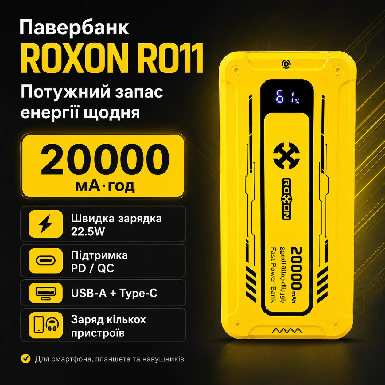 Зовнішній акумулятор Power Bank 20000mAh 22.5W ROXON RO11 швидка зарядка для смартфонів та гаджетів