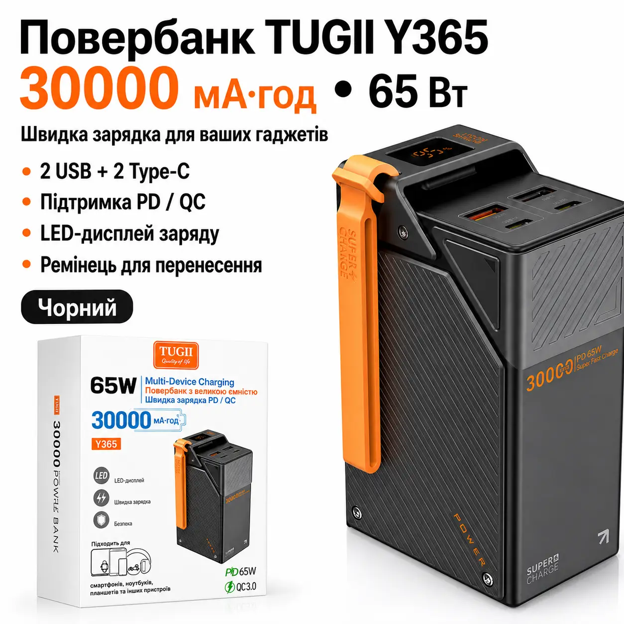 Повербанк TUGII Y365 30000 mAh 65W чорний із 2 USB, 2 Type-C та ремінцем для телефону й ноутбука