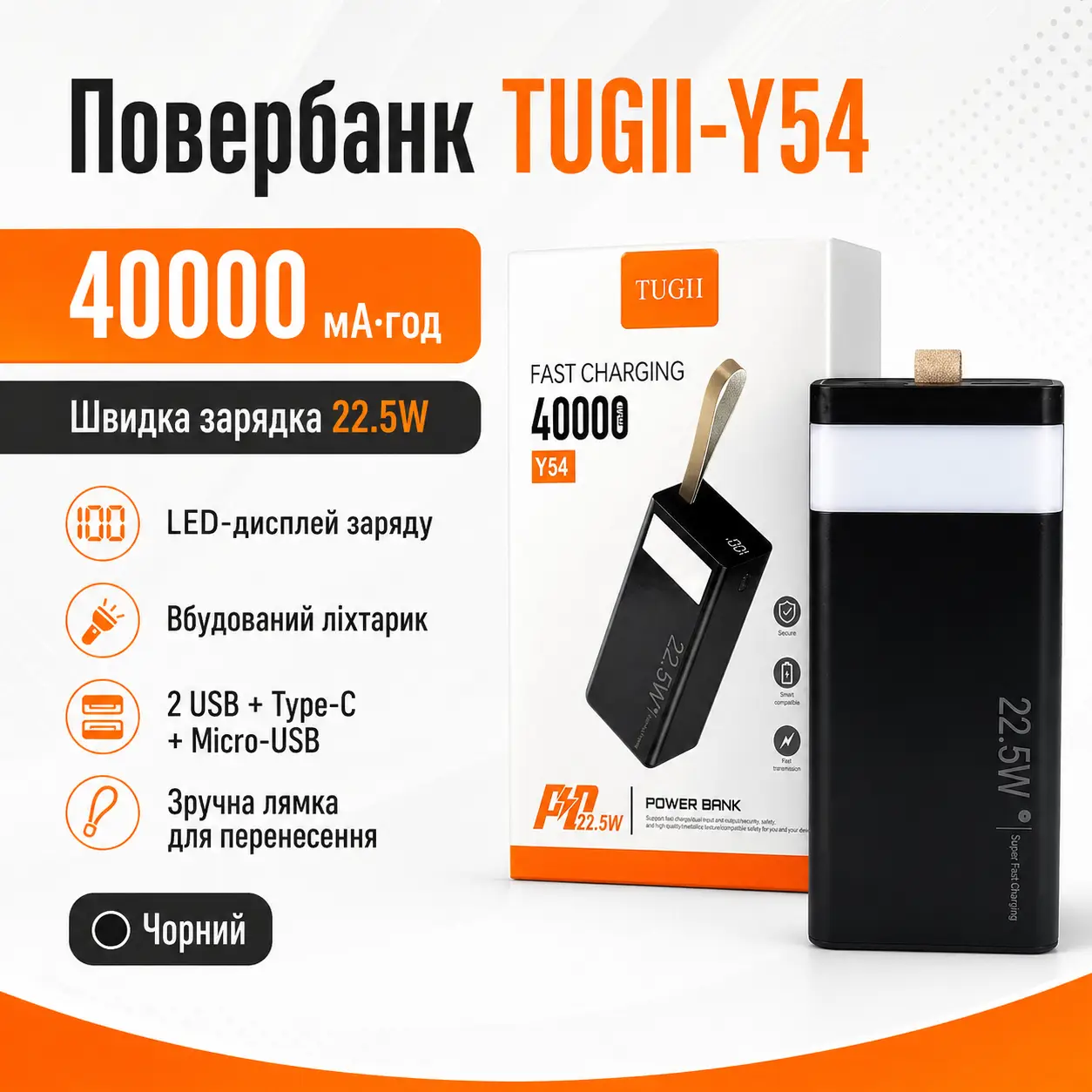 Повербанк 40000мАг зі швидкою зарядкою 22.5W, дисплеєм та ліхтариком TUGII-Y54