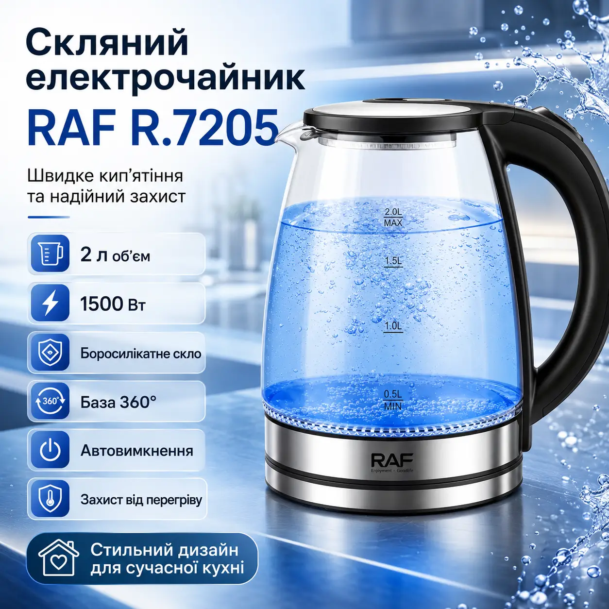 Скляний електрочайник на 2 л зі швидким кип'ятінням RAF R.7205 1500W