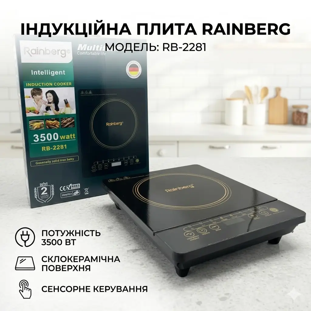 УЦІНКА! Індукційна варильна панель Rainberg RB-2281 з 1 конфоркою, портативне (Плохе паковання, ушкодження корпусу 3542)