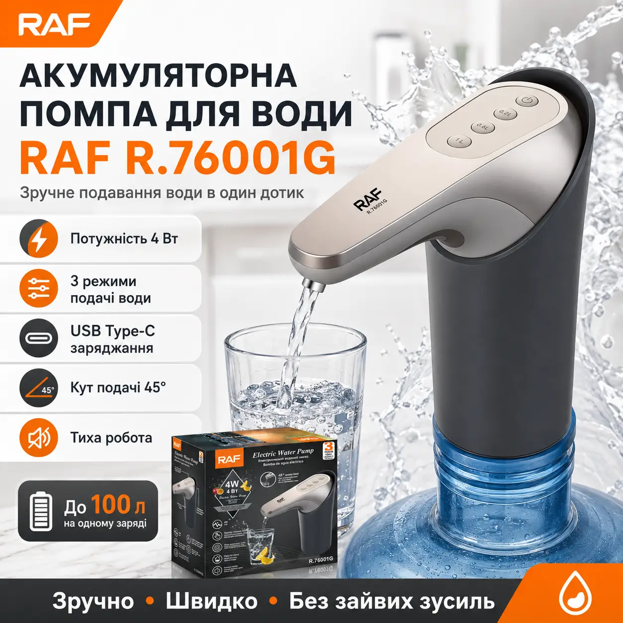 Акумуляторна помпа для води 4W з 3 режимами роботи RAF 76001G