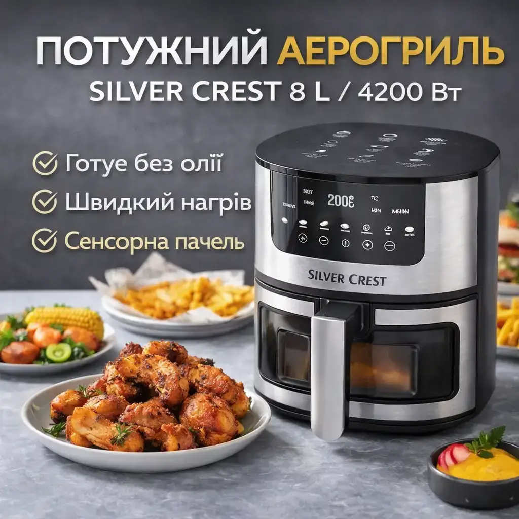 ОЧЕНКА! Аерогриль Silver Crest SC-8855S 8 л 4200 Вт сенсорне керування Hot Air Technology (Плохе паковання, вм'ятина 3550)