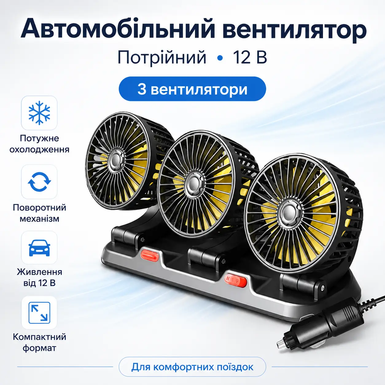 Автомобільний вентилятор потрійний 12 В, Чорний/ Мінівентилятор у машину/Вентилятор в авто/ Портативний вентилятор