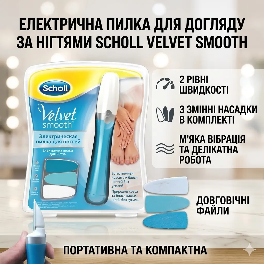 Електрична пилка для догляду за нігтями зі змінними насадками Scholl Velvet Smooth