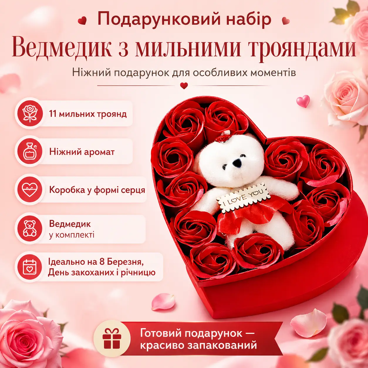 Подарунковий набір "Ведмедик з мильними трояндами" у формі серця, Червоний / Подарунок дівчині