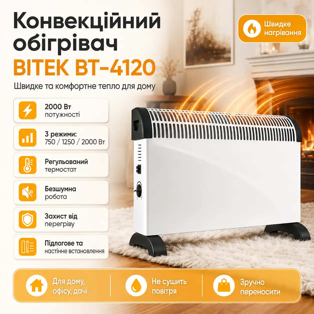 Електричний обігрівач конвектор BITEK BT-4120 три режими 750/1250/2000 Вт