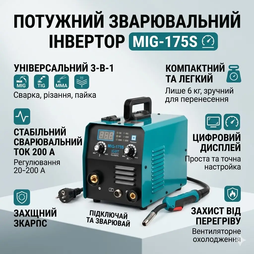 Зварювальний напівавтомат без газу (MIG/TIG/MMA), MIG-175S, Синій/інверторний зварювальний апарат