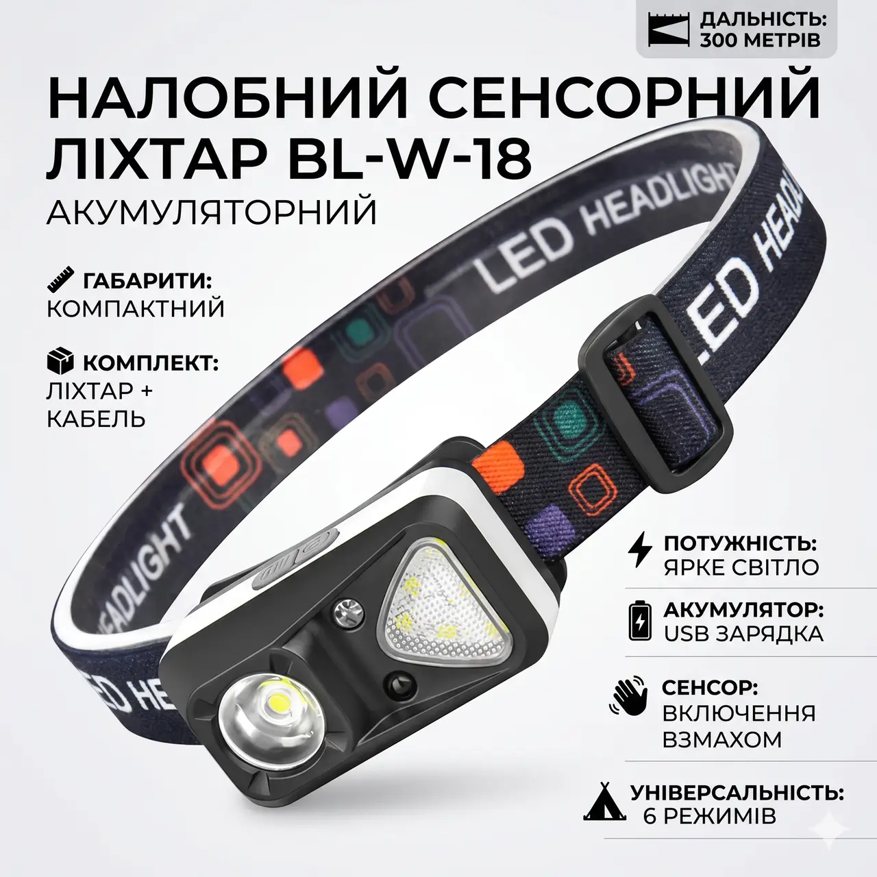 Налобний ліхтар акумуляторний, BL-W-18, Чорний/ Сенсорний ліхтарик налобний/Ліхтарик на голову