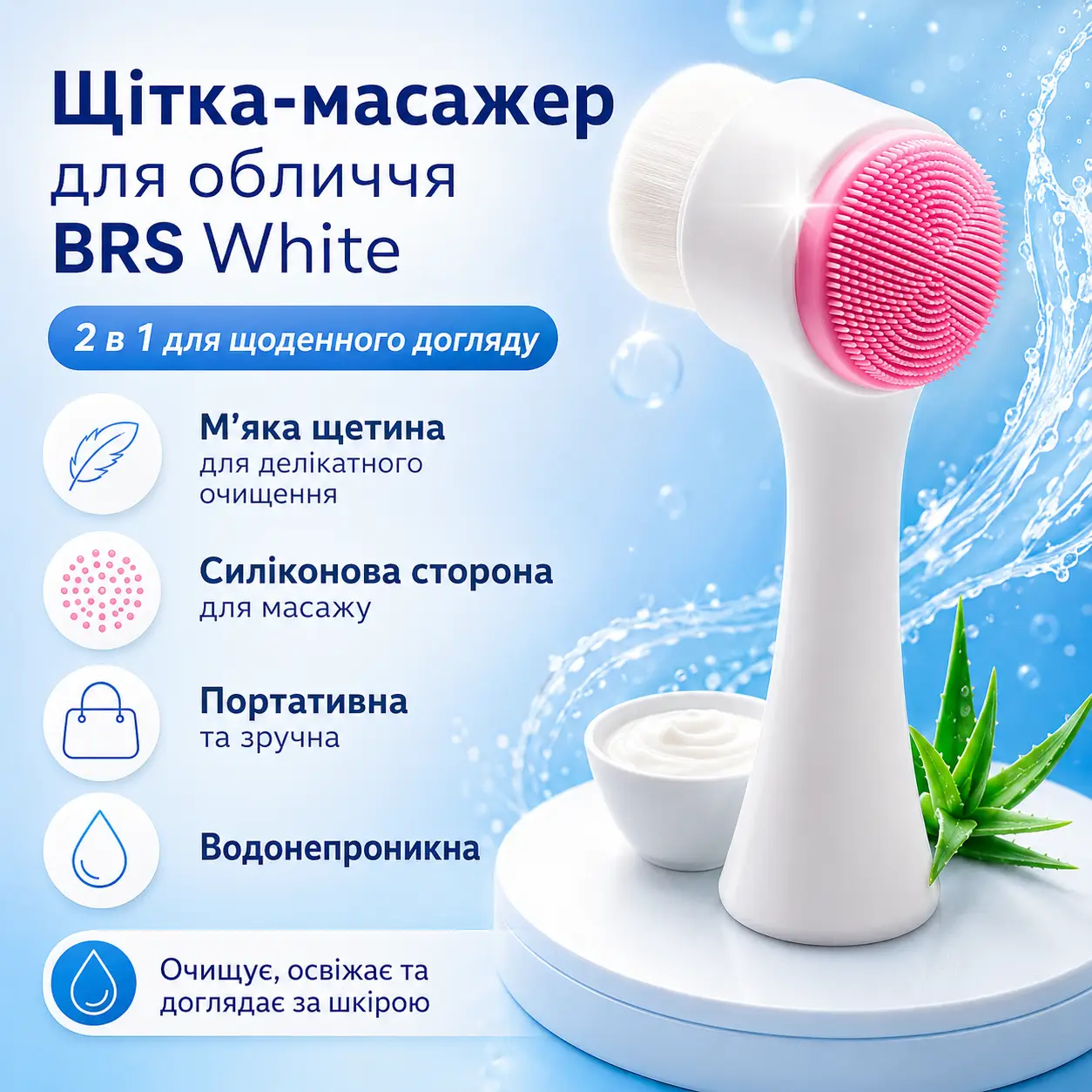 Щітка масажер для чищення вмивання обличчя двостороння BRS White
