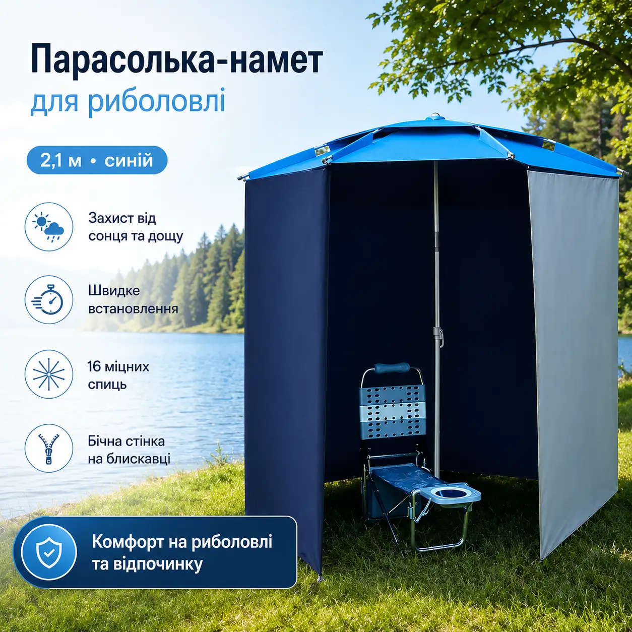 Риболовський намет-парасолька з бічною застібкою 2в1, 2,1м, Синій /Парасолька-намет для риболовлі та пляжу