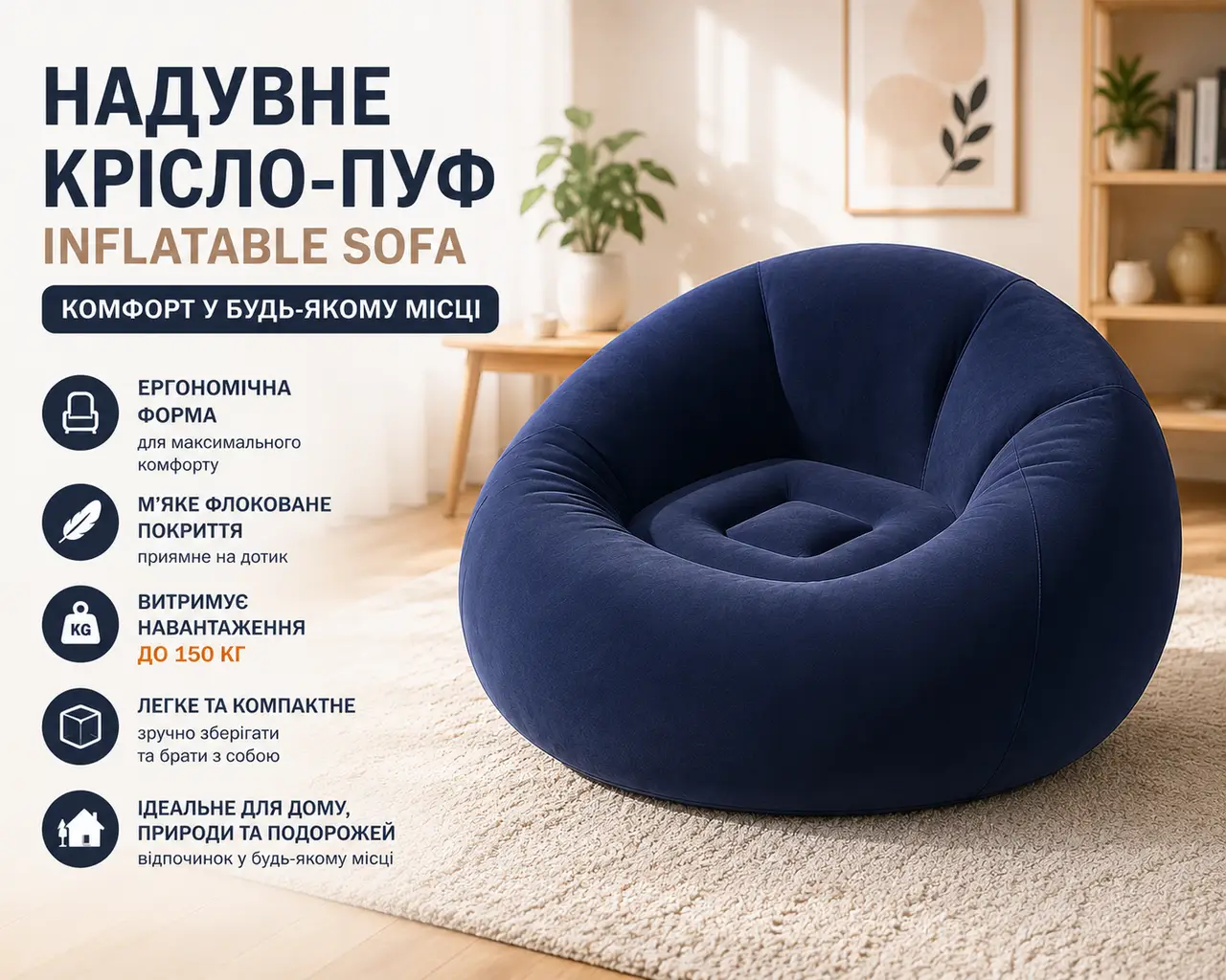 Надувне крісло-пуф Inflatable Sofa / Надувне крісло-мішок 110×110×85 см Темно-синій