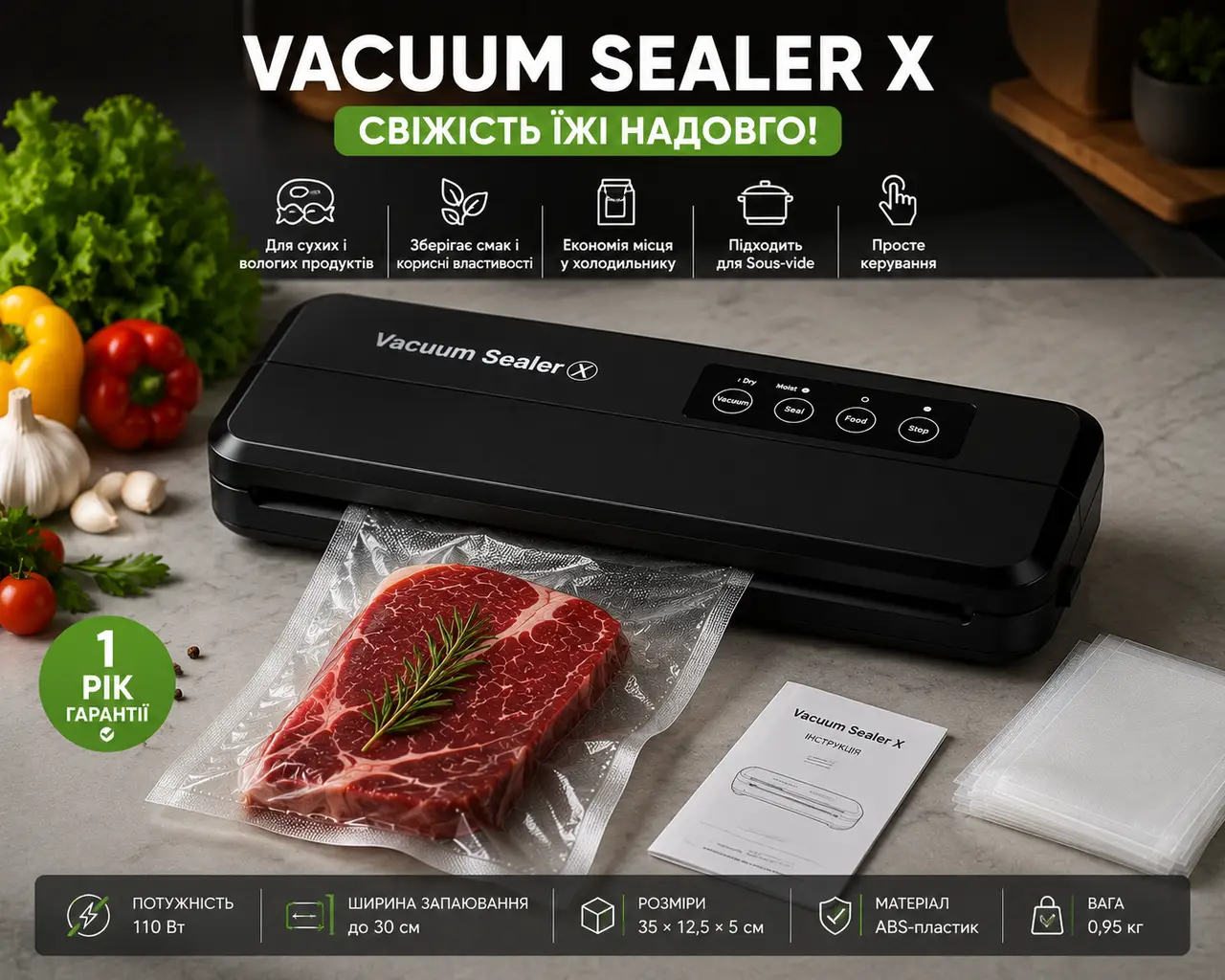 Вакууматор побутовий для продуктів їжі Vacuum Sealer X Pro 110W 60 кПа вакууманий пакувальник автоматичний
