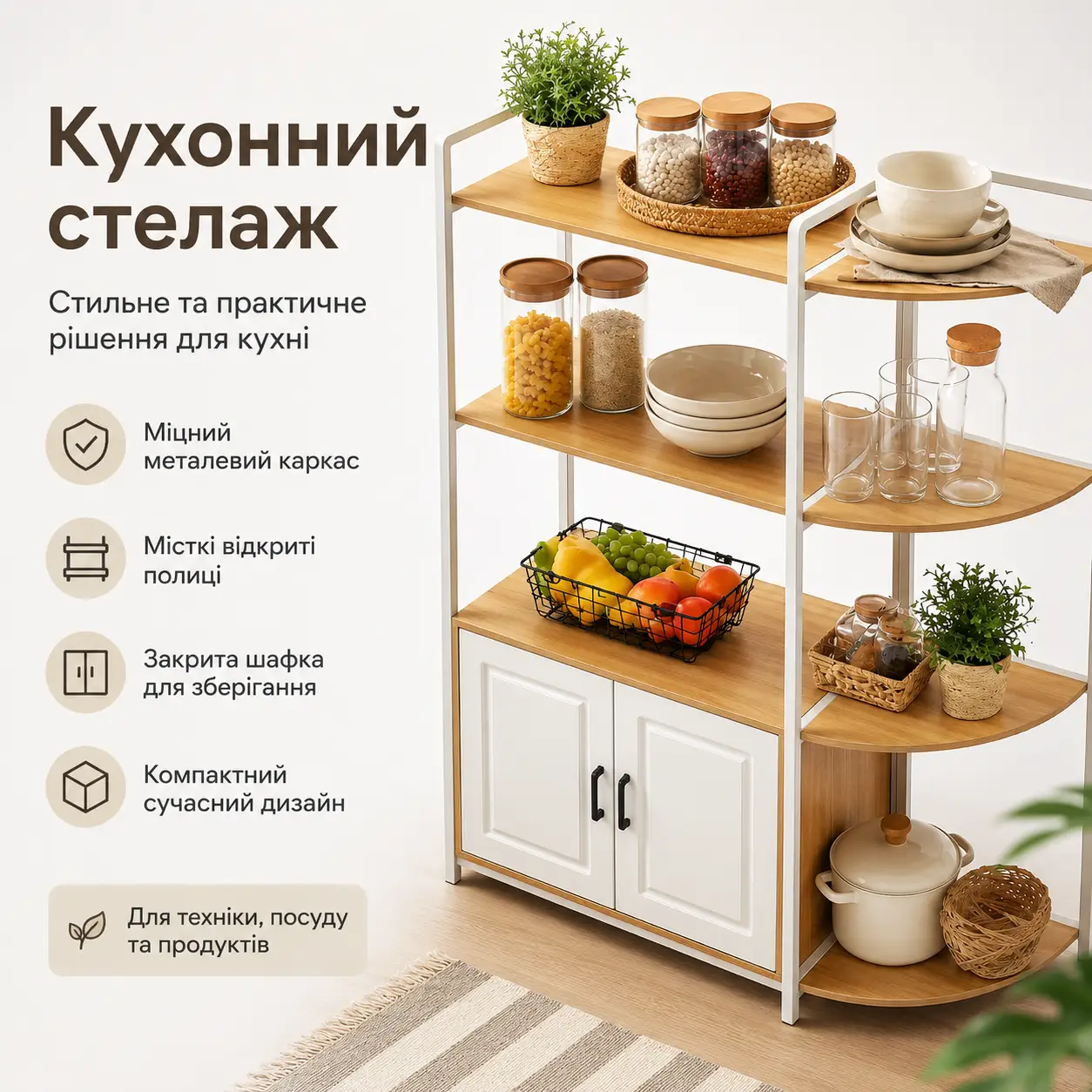 Кухонний стелаж із відкритими полицями та шафкою, 120х40 см, Білий / Етажерка кухонна