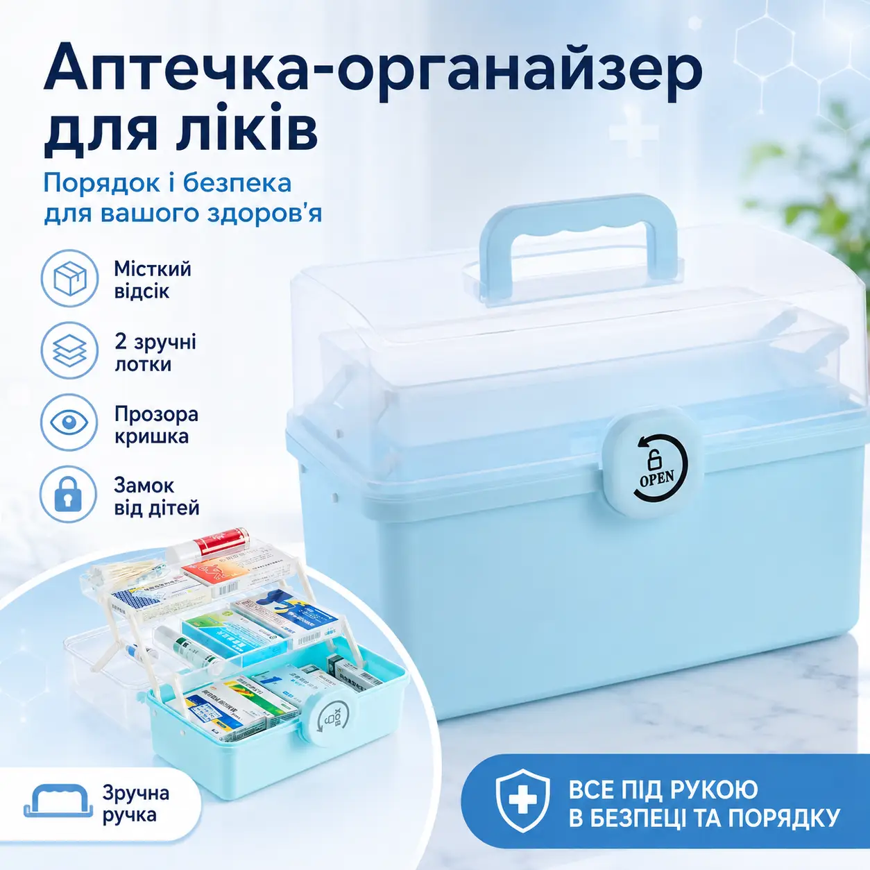 Аптечка органайзер для ліків, 37х23х26 см, Блакитний/ Органайзер для зберігання ліків/контейнер для ліків