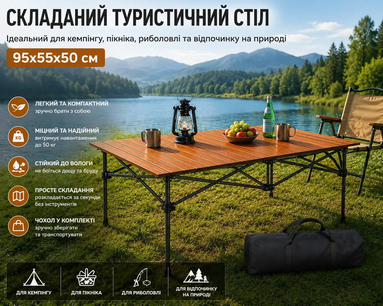 Складаний прямокутний стіл для пікніка 95x55x50см, туристичний розкладний стіл у чохлі Коричневий DSL-8-Brown