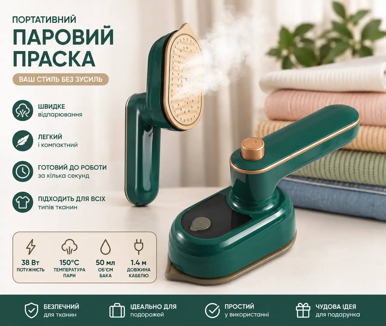 Портативна вертикальна праска Steam/ Мініпарювач для одягу/Рожевий паровий праска