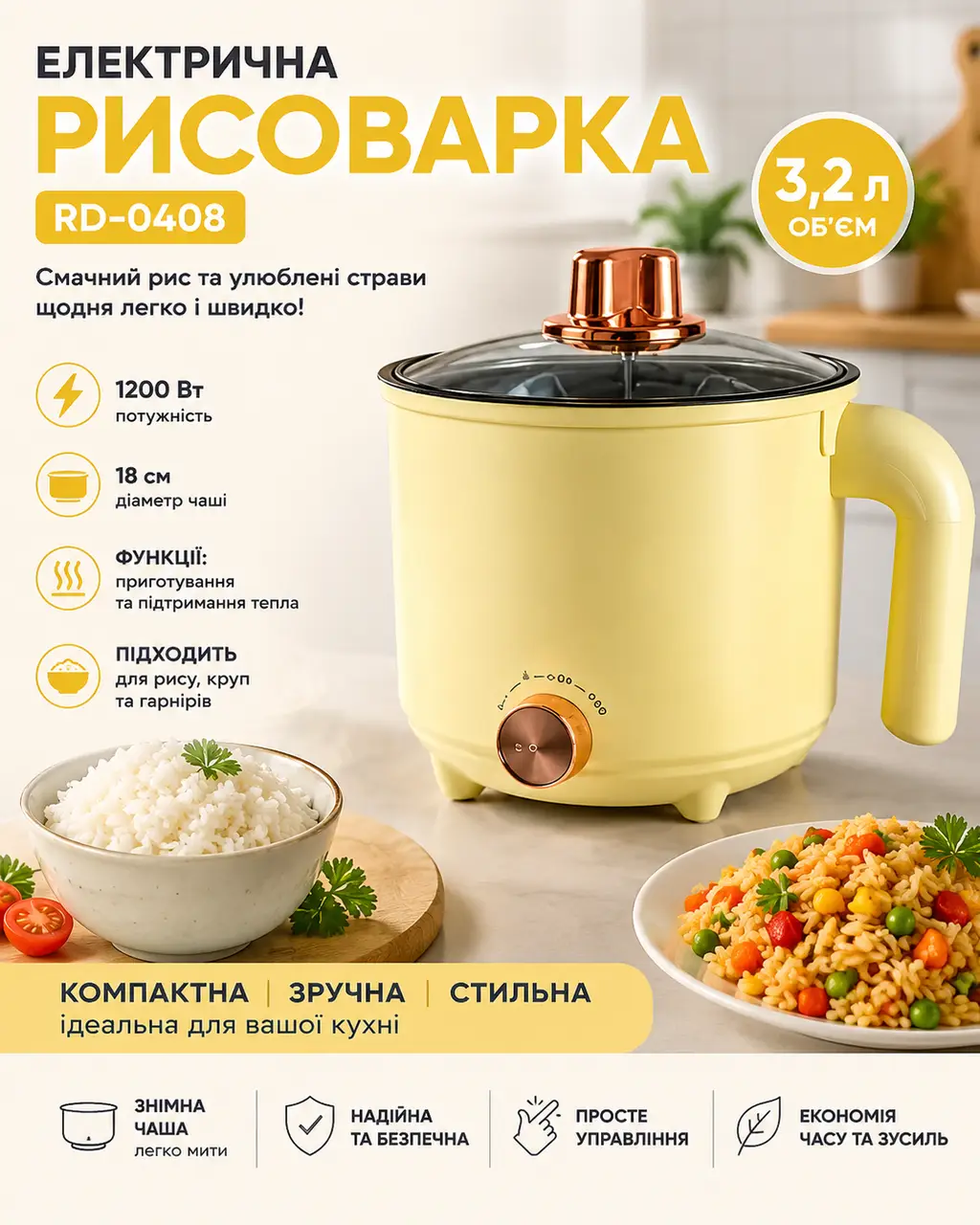 Рисоварка електрична 18 см 3,2 літра 1200w RD-0408 Світло-жовта
