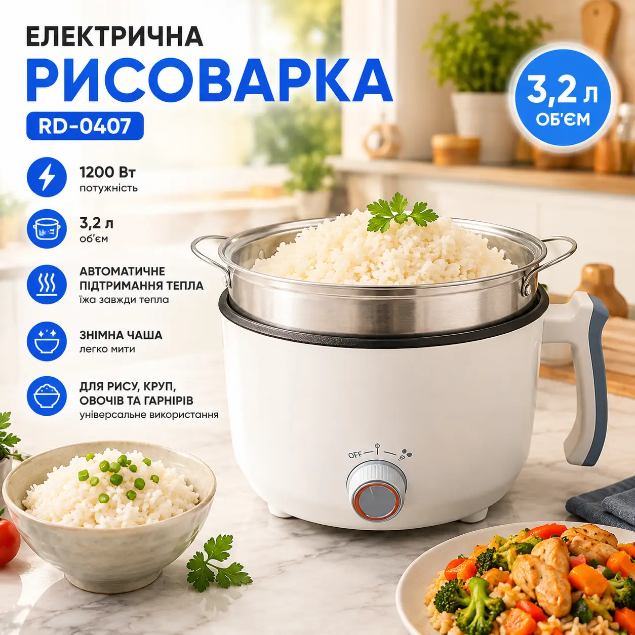 Рисоварка електрична 18см 3,2літра 1200w RD-0407 Біла