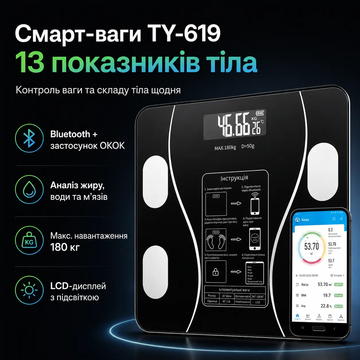 Розумні підлогові смарт-ваги Scale TY-619 електронні із застосунком на телефон LCD-дисплей