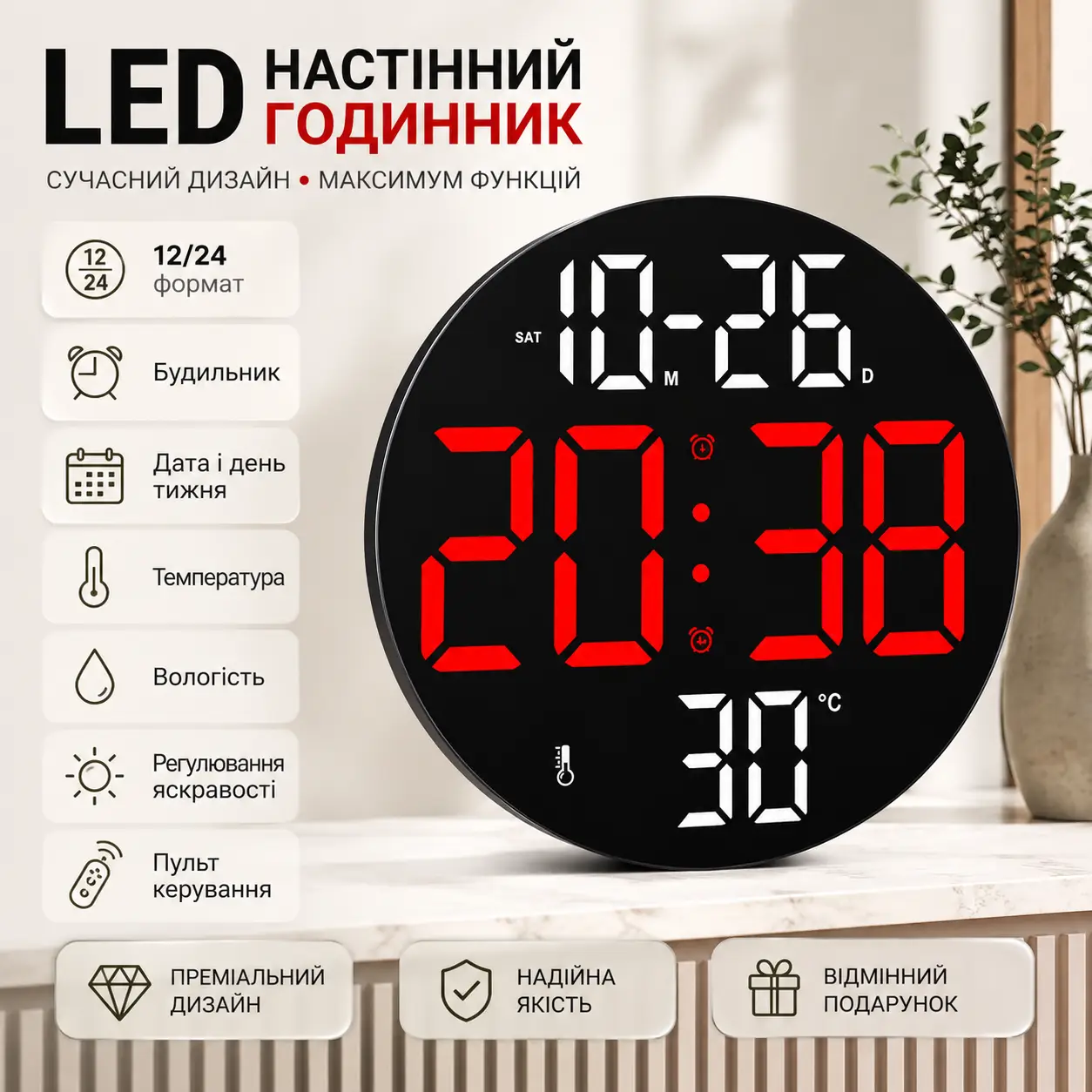 Цифровий настінний LED-годинник SM-602 з будильником, пультом керування, датою, днем тижня, температурою, вологістю