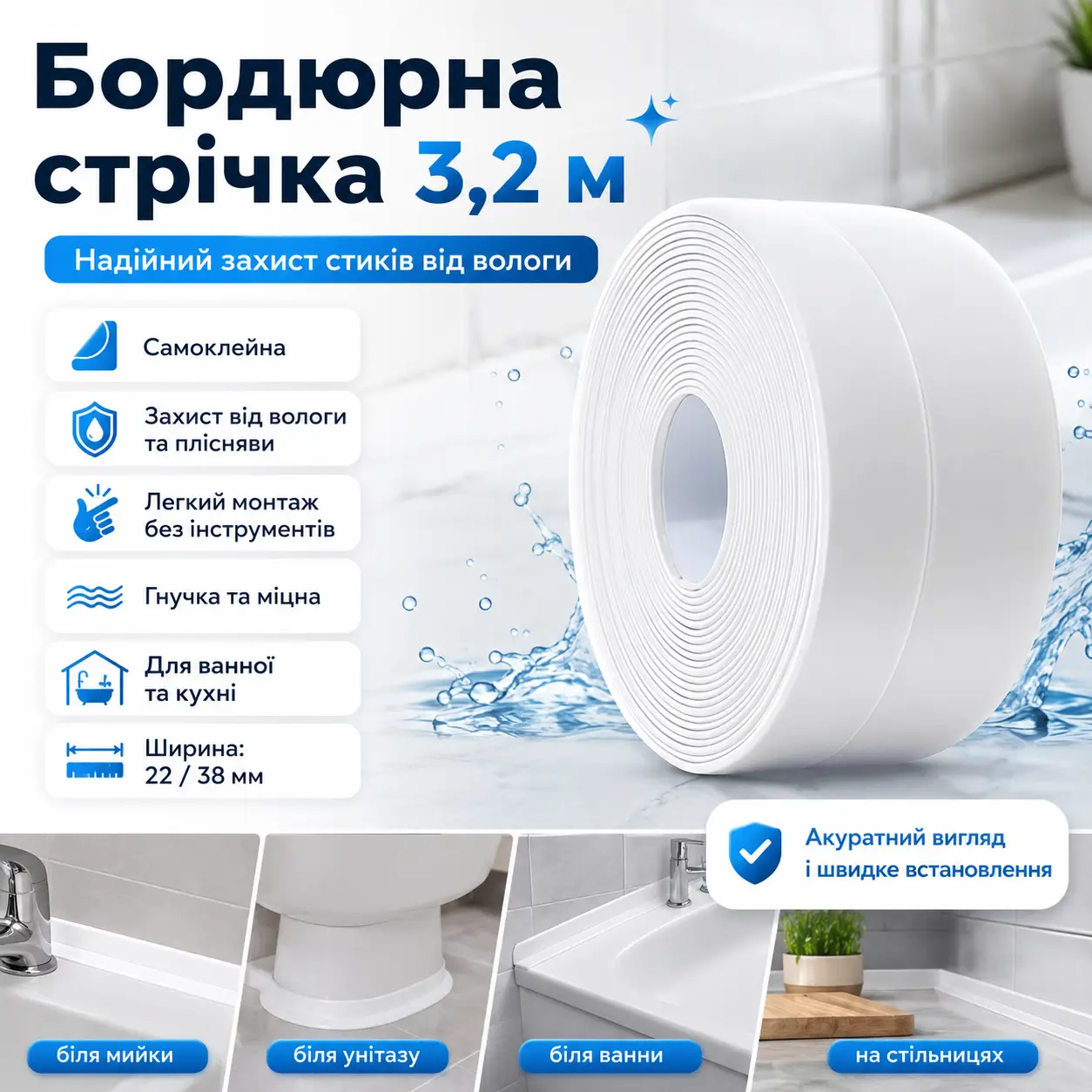 Самоклейна водонепроникна бордюрна стрічка 3.2 м х 38 мм, Білий/Клейка стрічка для ванн і раковин/пільта ізолятор для кухні