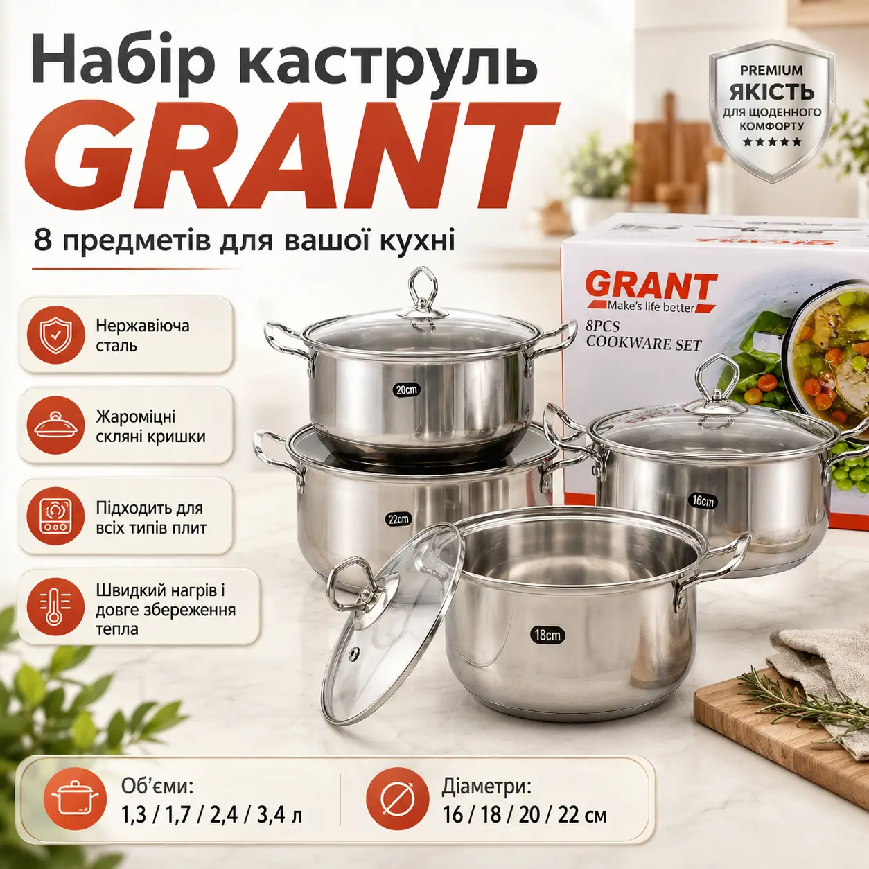 УЦІНКА! Набір каструль із високоміцної неіржавкої сталі GRANT GR3558 (Плохе паковання 3277)