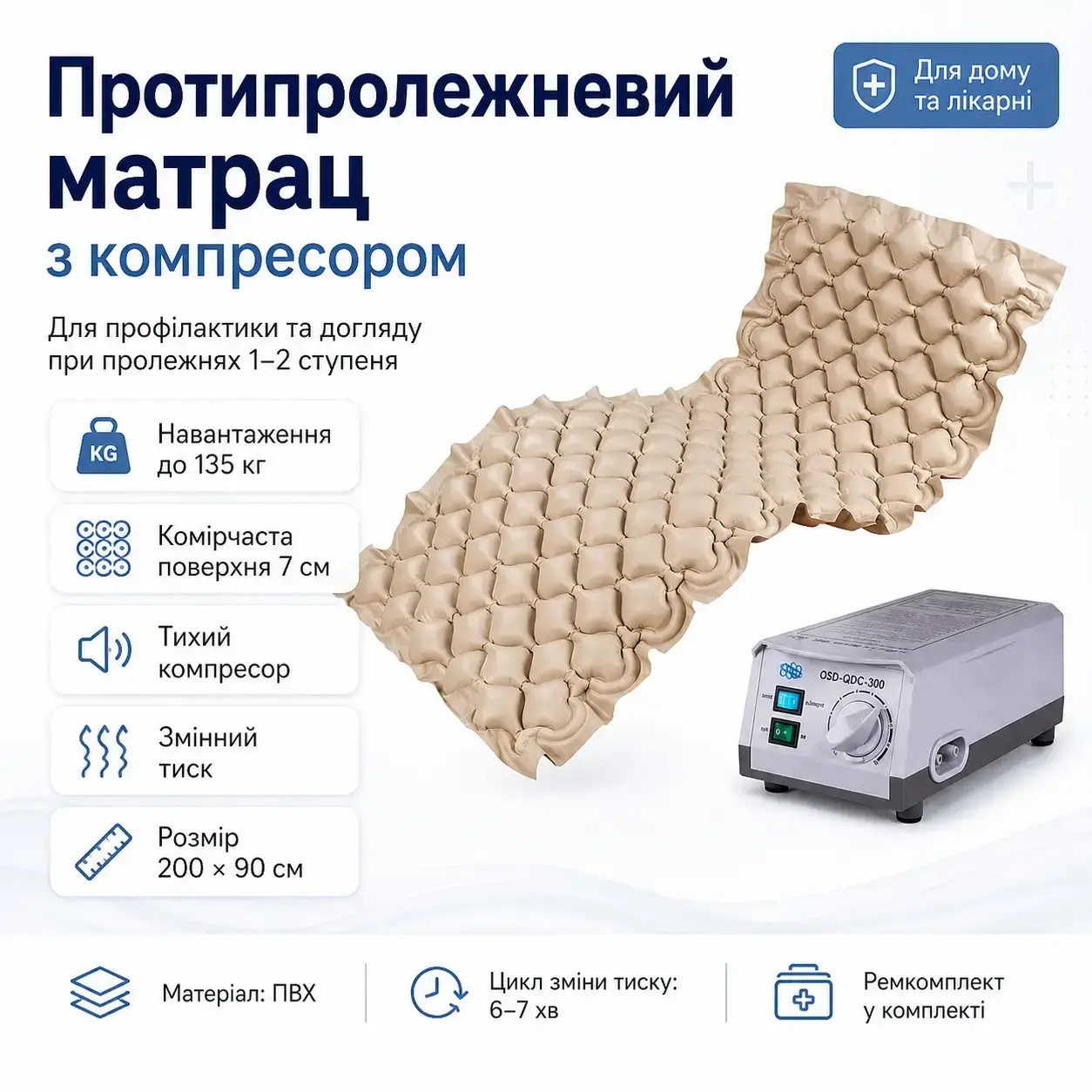 УЦІНКА! Матрац протипролежневий з компресором надувний комірчастий OSD-QDC-300 (Плохе паковання 3278)