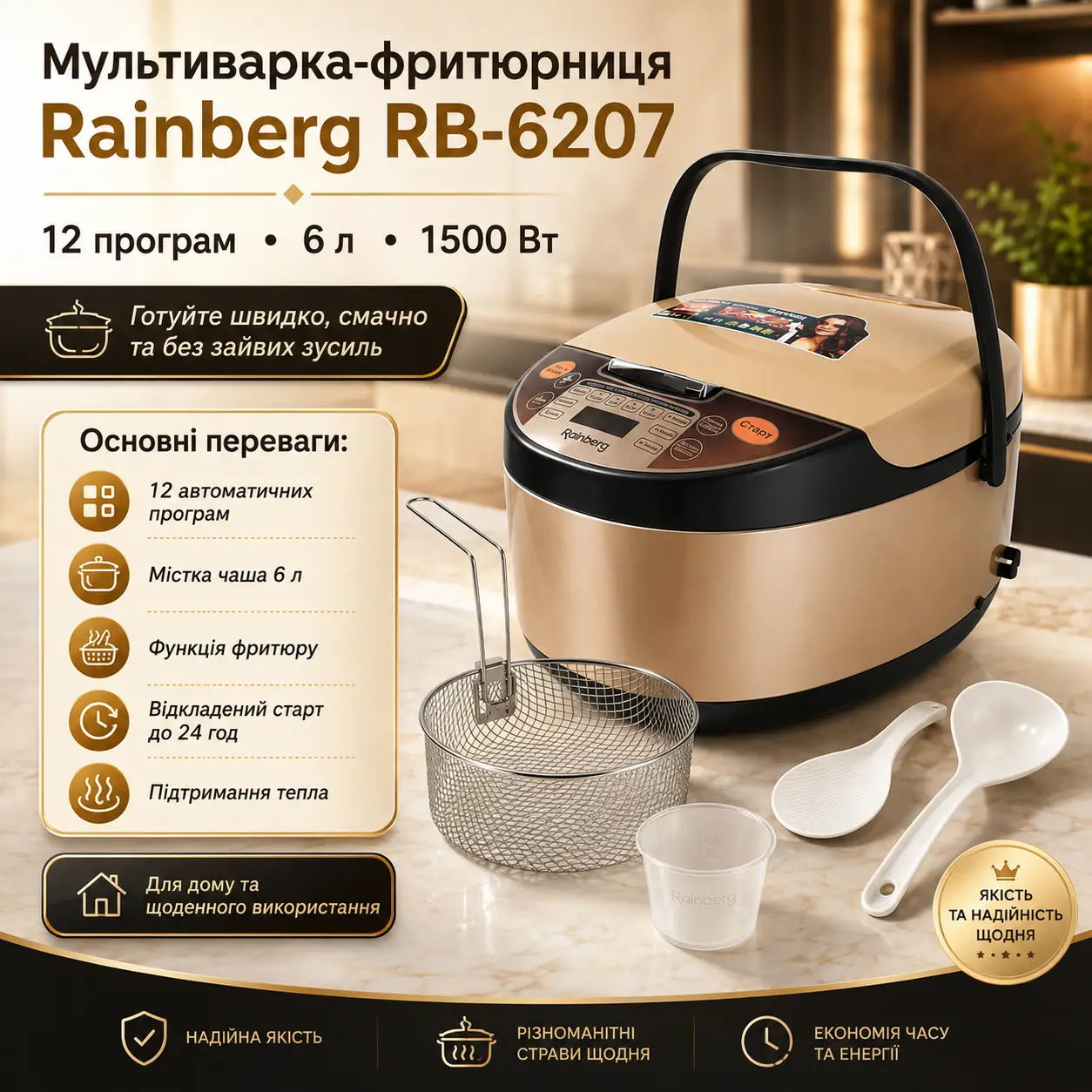 УЦІНКА! Мультиварка Rainberg Rb-6207 З Фритюрницею, 12 Програм (Вм'ятина на корпусі 3287)