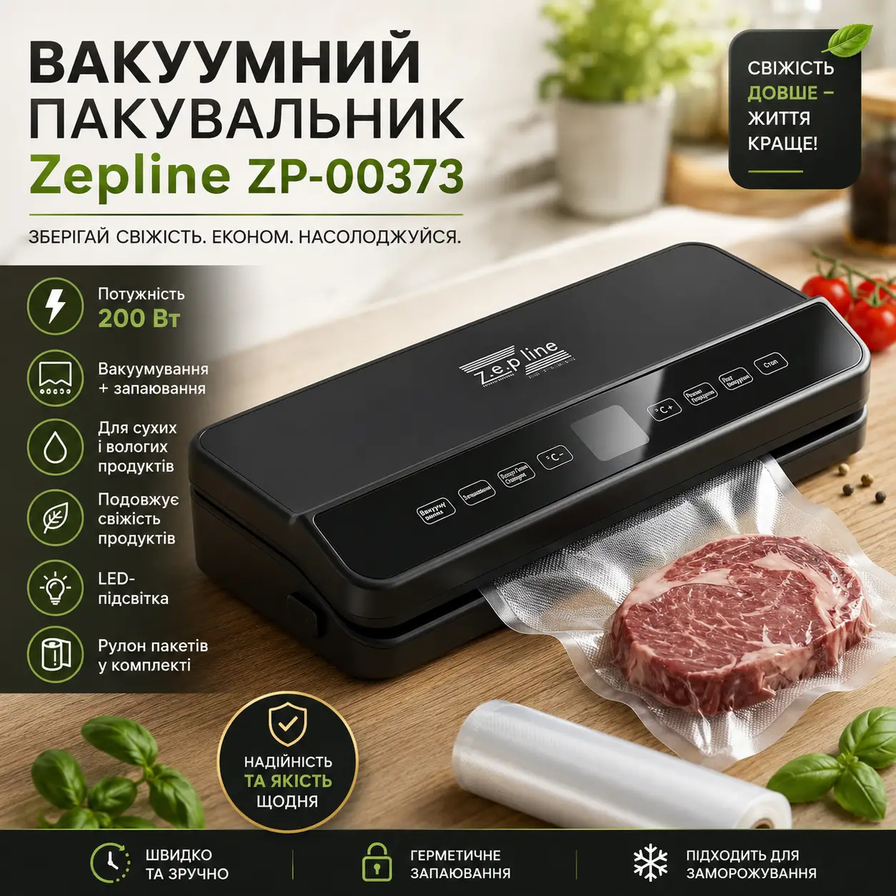 Вакуумний пакувальник для продуктів 200 Вт з LED-підсвіткою і рулоном пакетів, Zepline ZP-00373/ Кухонний вакууматор для м'яса