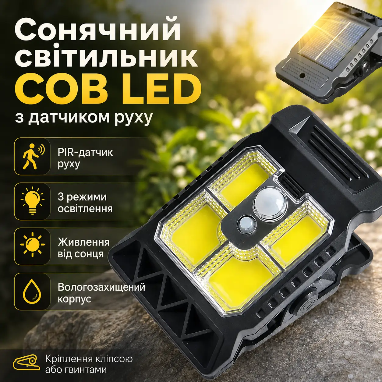 Ліхтар-прищіпка SSP-07/TS-21A-B/світильник на сонячній панелі, акумулятор, датчик руху/Водонепроникний світлодіодний
