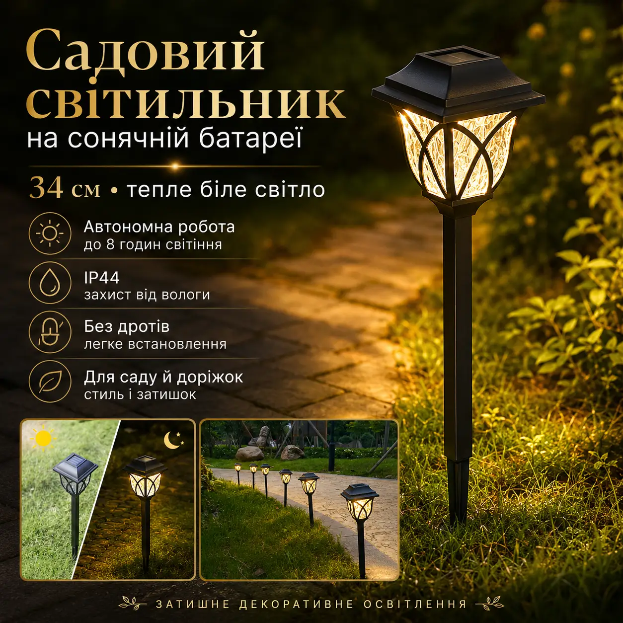 Садовий світильник на сонячній батареї SSP-03 34 см, (КОМПЛЕКТ — 2 шт.) теплий білий LED-світло, IP44, для саду, доріжок і двору