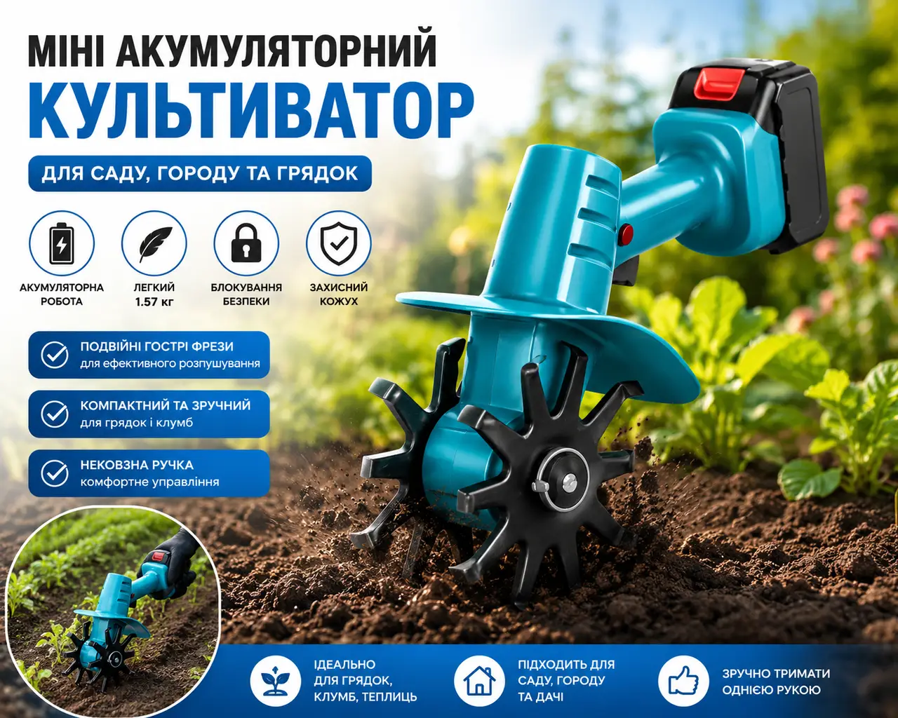 Культиватор міні акумуляторний синій для саду та грядок з подвійними фрезами, захисним кожухом і блокуванням безпеки