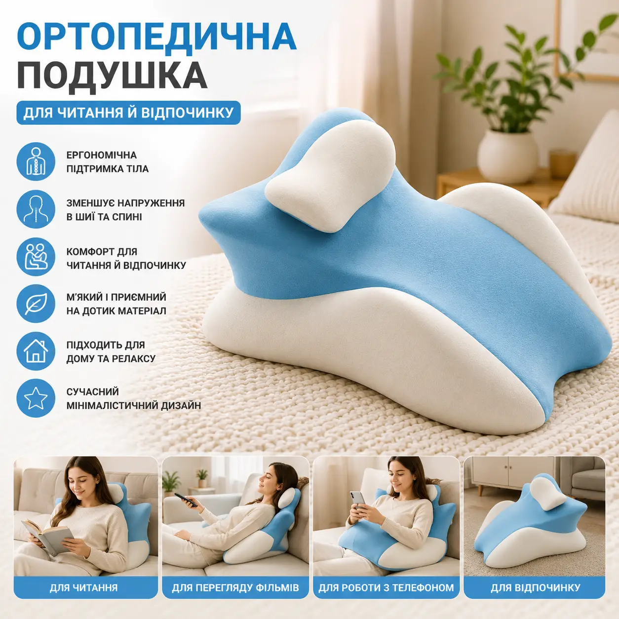 Блакитна подушка ортопедична pillow-06/Клиноподібна подушка для сну з поліестеру/ Ортопедична подушка для підтримки ті