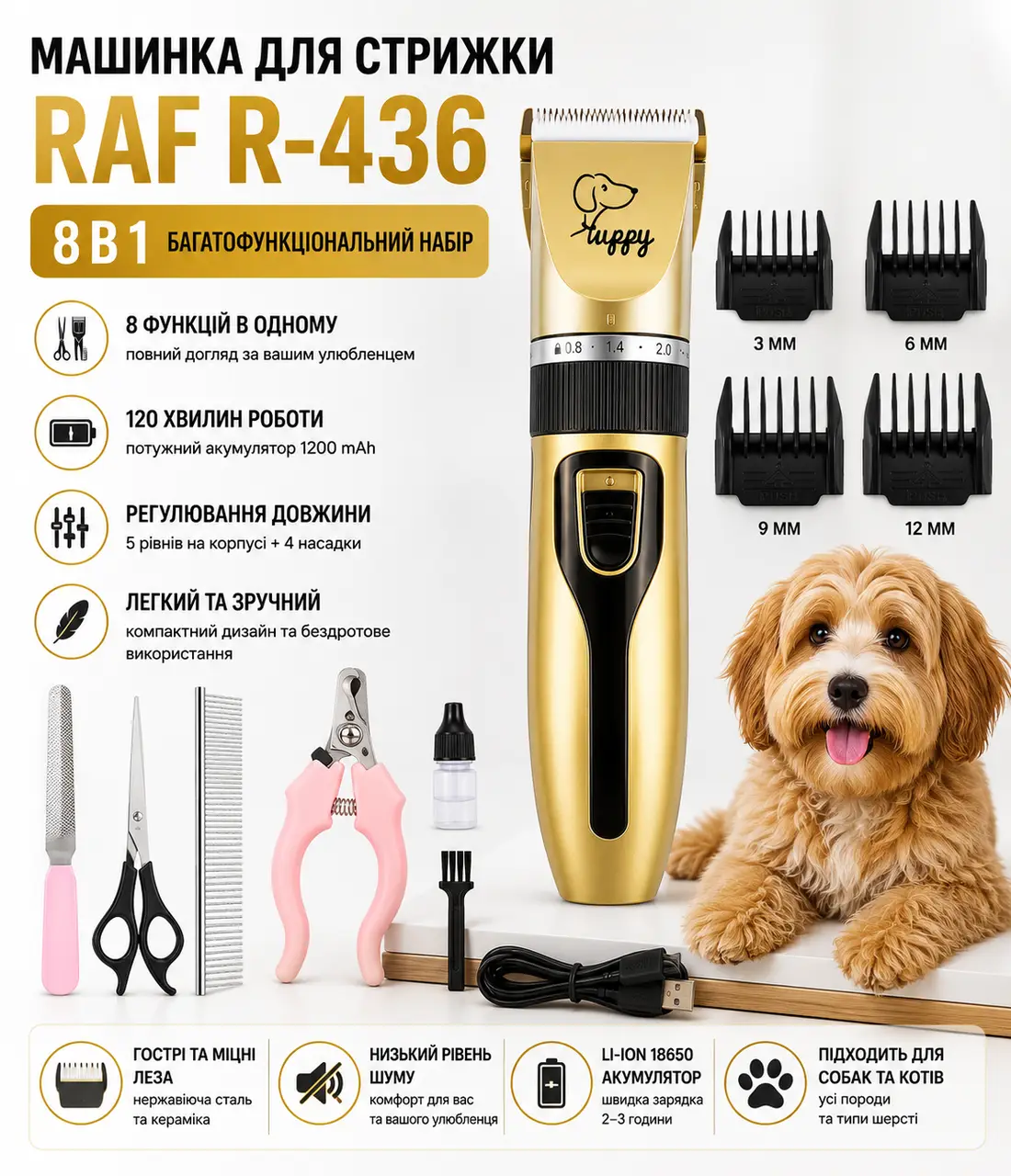 Акумуляторна машинка для стрижки тварин 8в1, Raf R-436 5W, Золотистий / Професійний набір для грумінгу