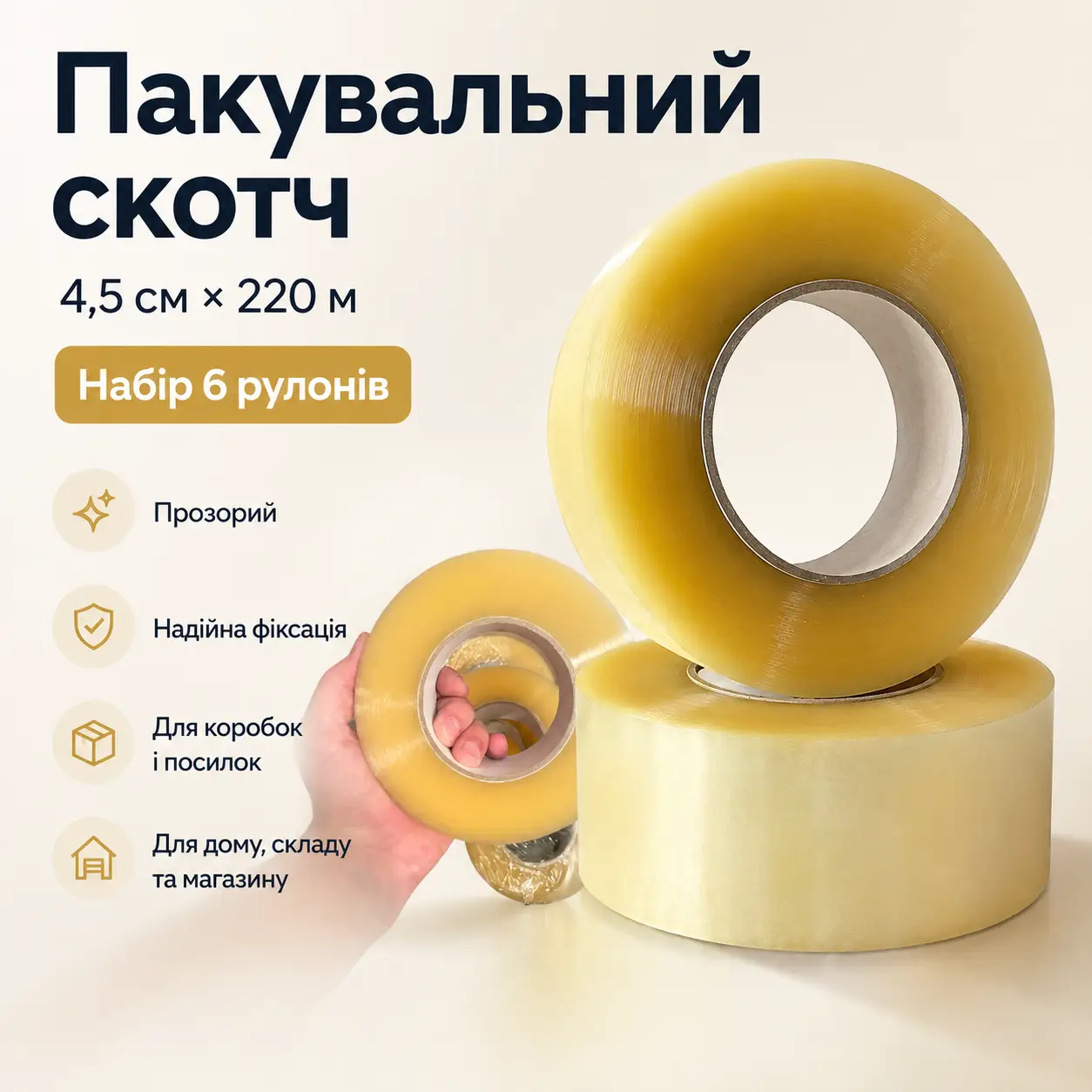 Упаковковий прозорий скотч 4,5 см × 220 м, набір 6 рулонів