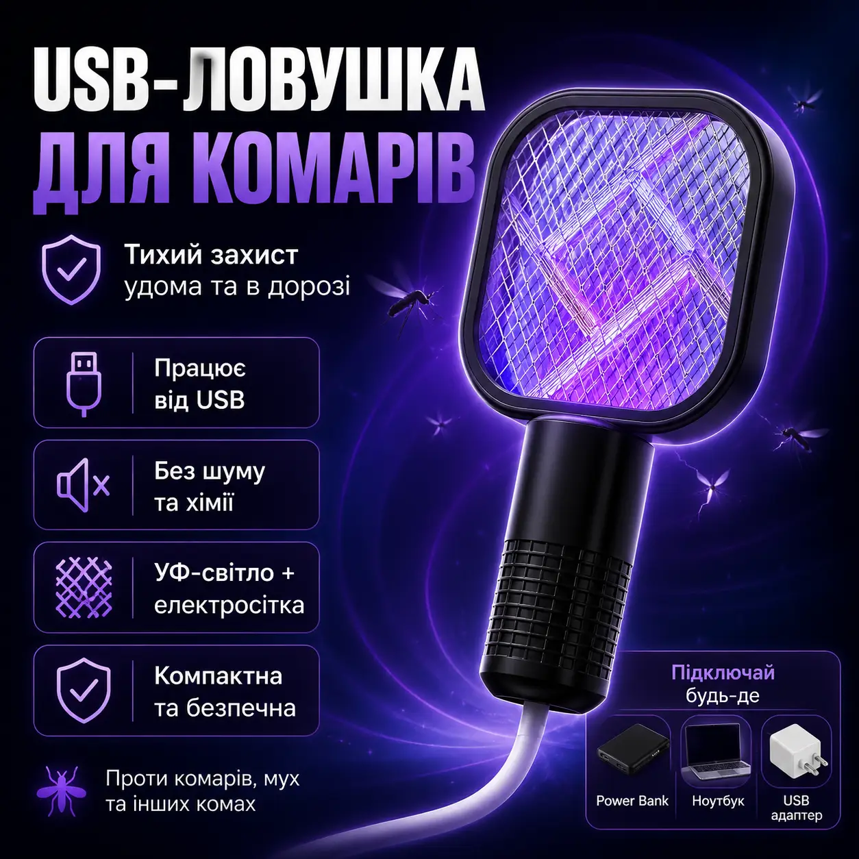 Електричний знищувач комах від USB, Чорний/ Лампа від комарів/Ловчина для комарів/Електрична мухобійка