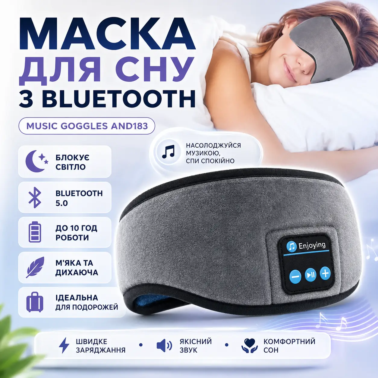 Маска для сну MUSIC GOGGLES A183 з гарнітурою Bluetooth, Сірий / Маска на очі для сну / Пов'язка на очі для сну