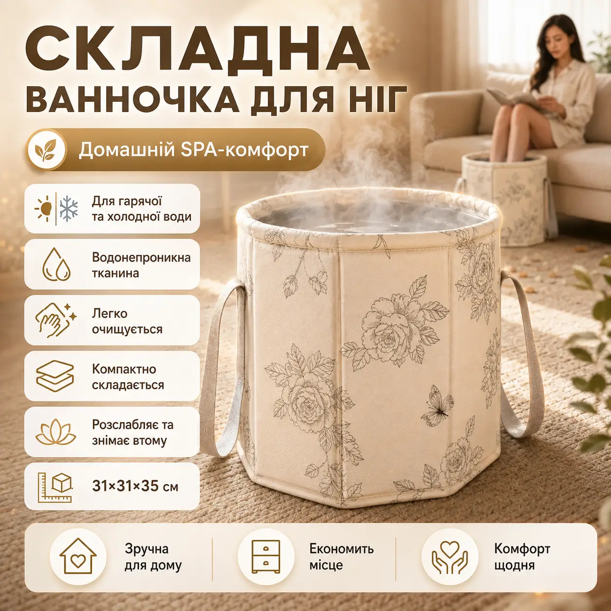 Ванночка для ніг складна з ручкою, Бежева / Висока сумка для розпарювання ніг / Складне відро для педикюру / Глибока спа-ванночка