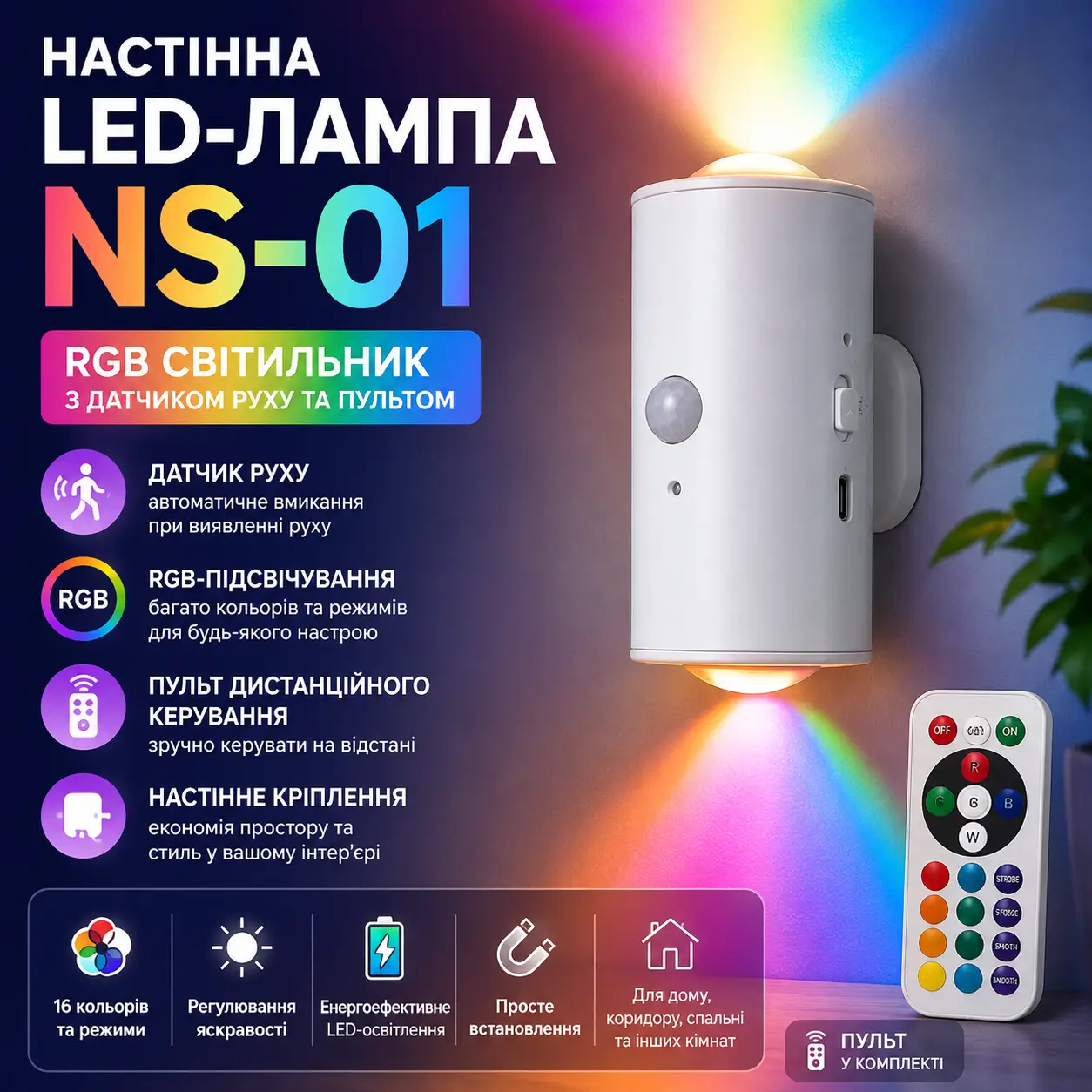 Настінна LED-лампа NS-01 Світлодіодний світильник NS-01 RGB з датчиком руху та пультом керування