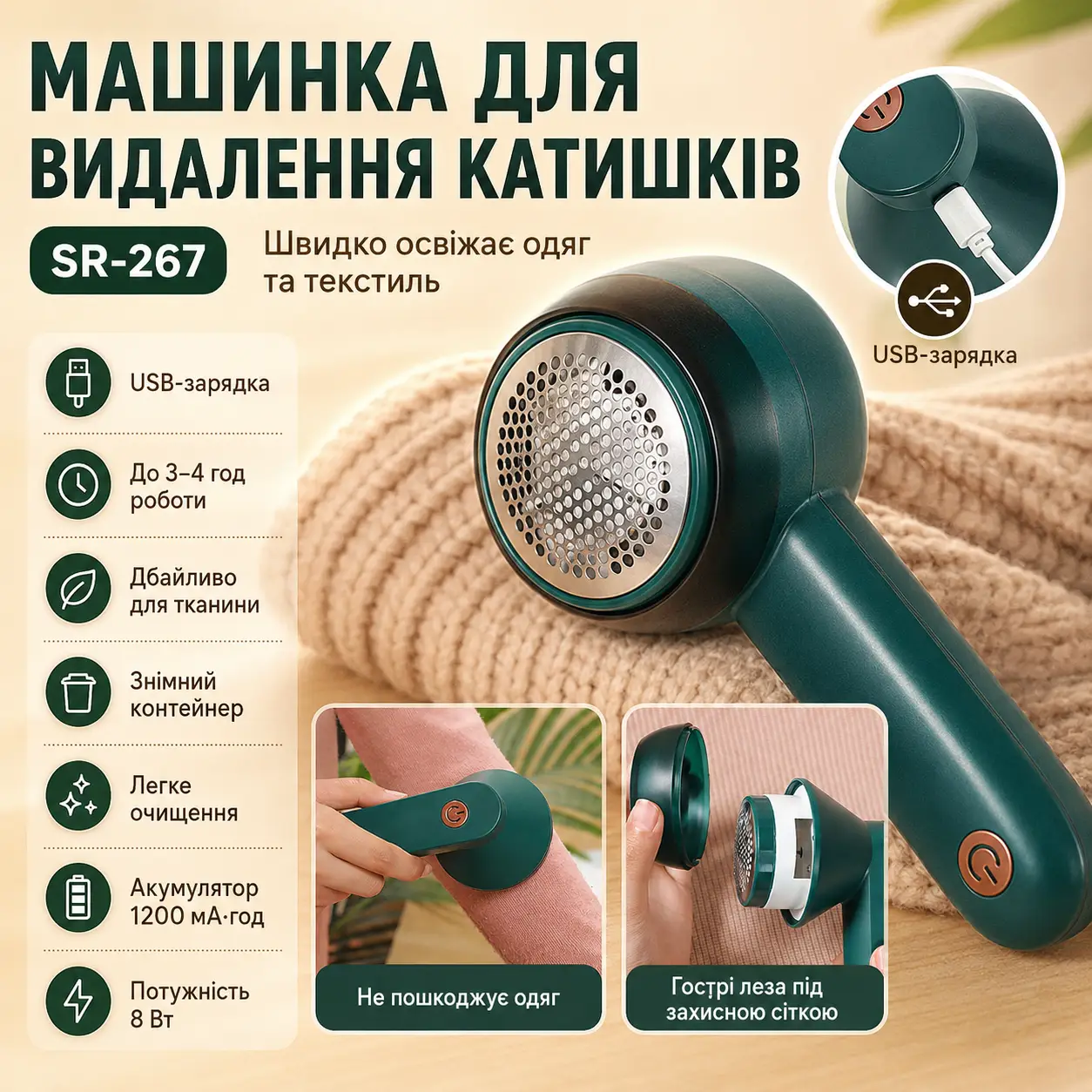 Машинка для видалення ковтунців на акумуляторі, 1200 мА·год, USB, SR-267, Зелений/Електричний тример від ковтунців