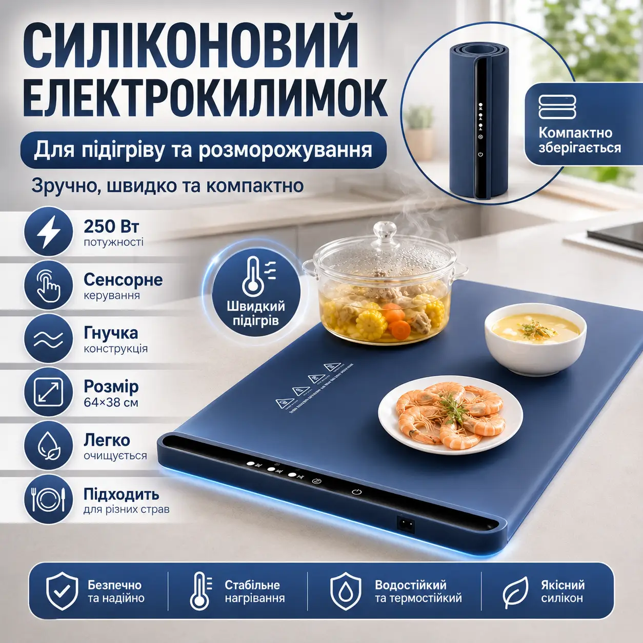 Електрокилимок для підігрівання їжі силіконовий, 64x38 см, 250W, Синій/Крижаний килимок/Термоковрик для посуду