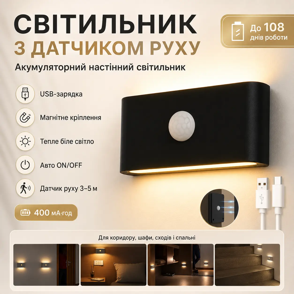 Настінний світильник із датчиком руху, від USB (9,8х5,5 см) Чорний/Акумуляторний світильник на стіну