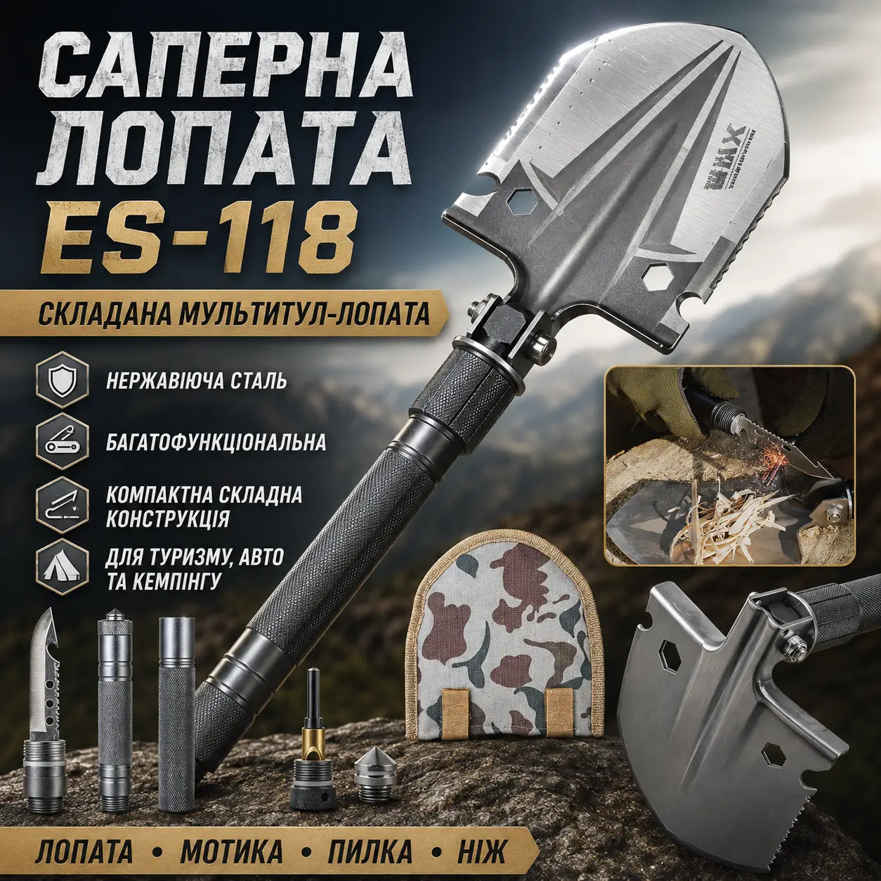 Туристична лопата складана 10в1 (56,5 см) ES-118, Сіра/ Тактична лопата саперна/Похідна лопата-мультитул