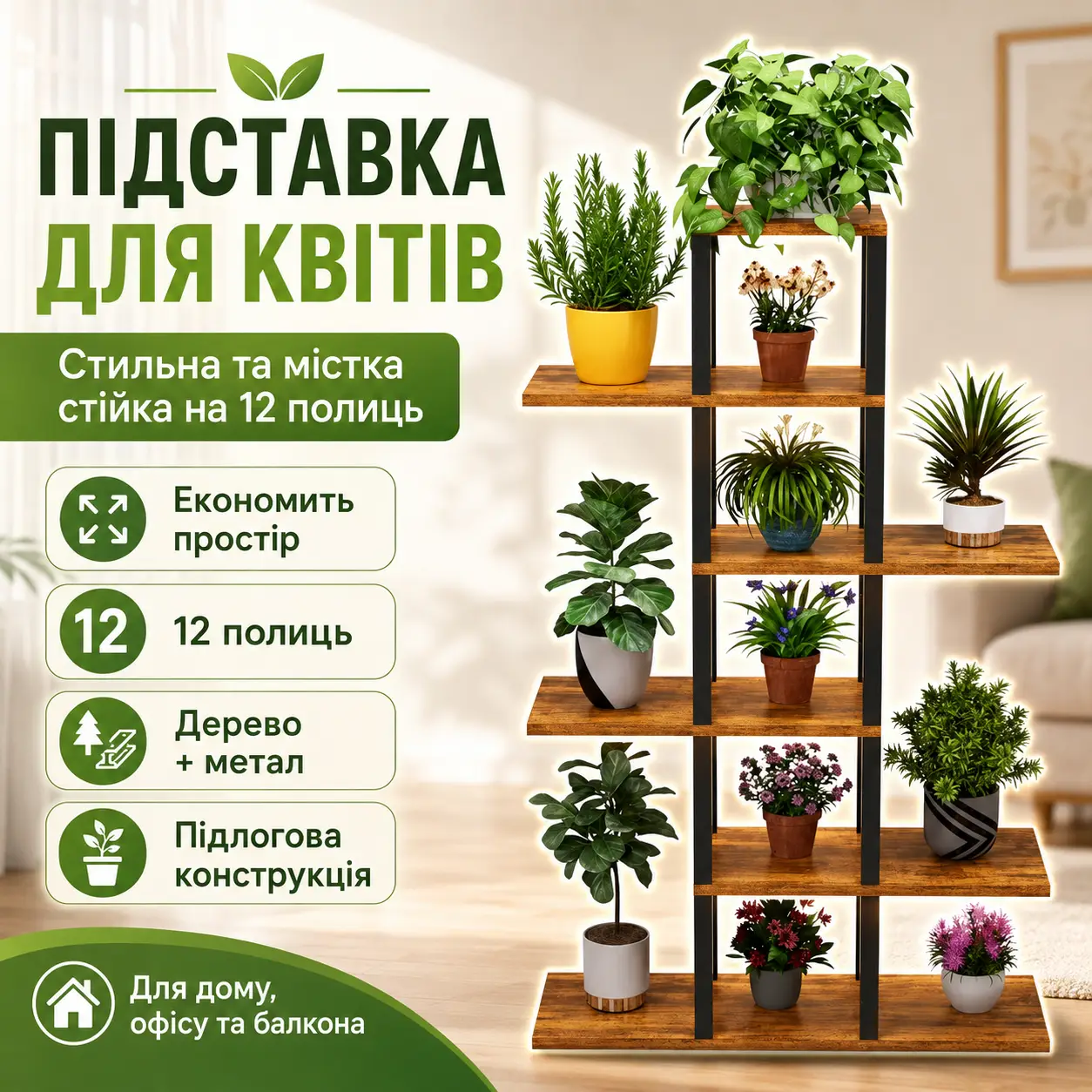 Підставка для квітів та рослин на 12 горщиків , XL-1836, Коричневий / Стелаж для квітів / Підлогова полиця для квітів
